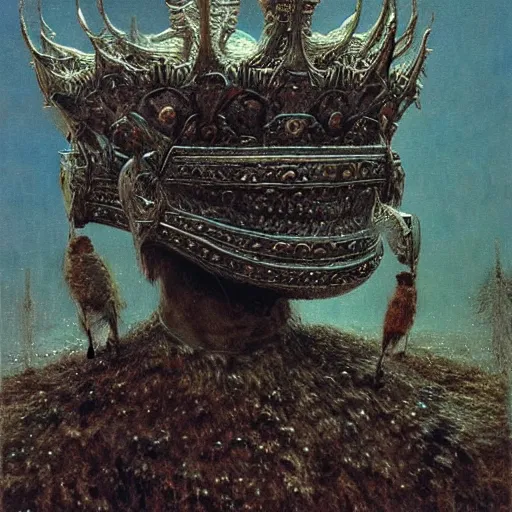 Image similar to ice lord, wearing icy ornamented armor, wearing ice royal crown war helm, beksinski