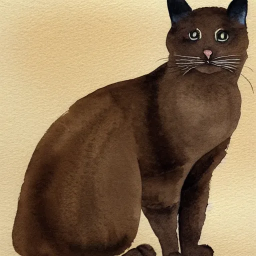 Image similar to simple watercolor painting of an entirely brown cat, light brush strokes,