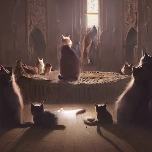 Image similar to the council of cats, by greg rutkowski