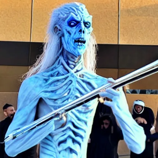 Image similar to a white walker playing a trombone in dubai