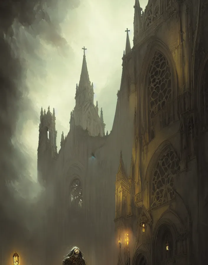 Image similar to A beautiful digital painting of a Grim Reapper, ancient catedral behind her, intricate, cinematic lighting, highly detailed, digital painting, Artstation, concept art, smooth, sharp focus, illustration, art by Tom Bagshaw, Artgerm and Greg Rutkowski