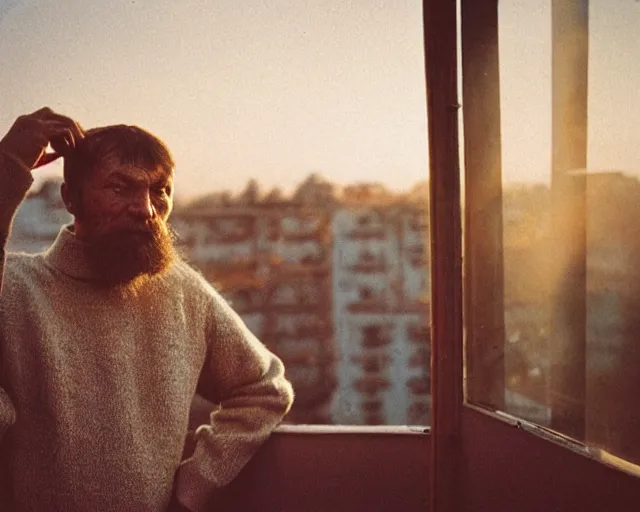 Image similar to lomographic tarkovsky film still of 4 0 years russian man with beard and sweater standing on small hrushevka 9 th floor balcony in taiga looking at sunset, perfect faces, cinestill, bokeh