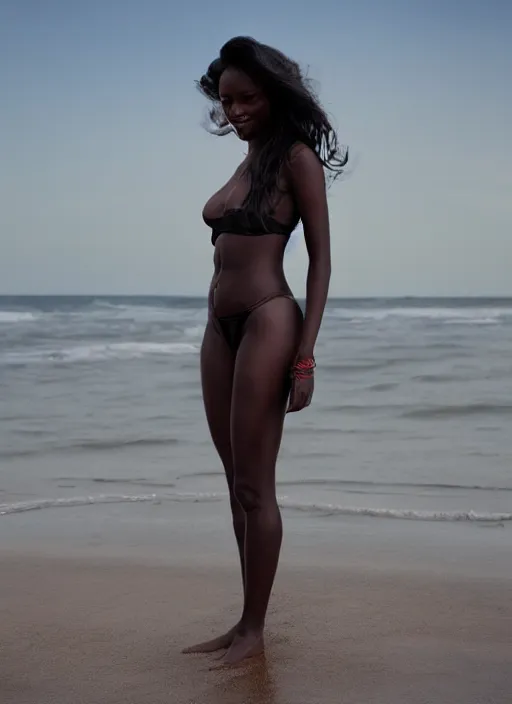 Prompt: attractive dark skinned woman at the beach photography by greg rutkowski
