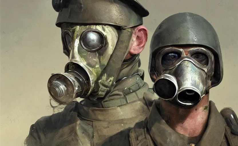 Prompt: portrait of futuristic world war 1 soldier with gas mask, dripping paint, craig mullins, ash thorpe, fibonacci rhythm ar