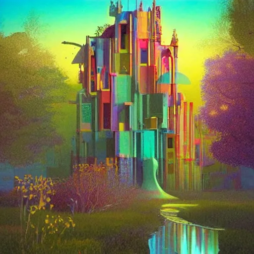 Prompt: colourful beautiful scene. digital artwork by vincent bons, michael whelan, beeple, remedios varo and gerardo dottori. grainy and rough. interesting pastel colour palette. beautiful light. oil and water colour based on high quality render. retro.