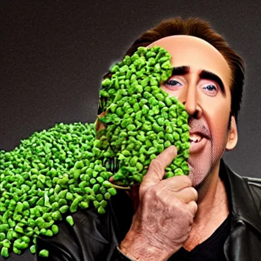 Image similar to nicolas cage trapped in a wicker cage with peas on his face, looking up, not the bees