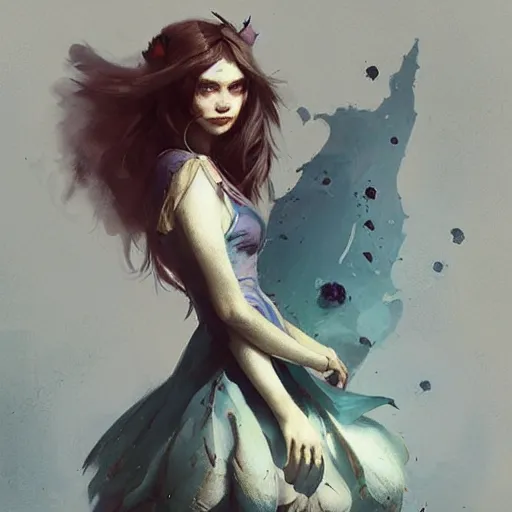 Image similar to “Alice from Alice in Wonderland by Greg Rutkowski, realism, trending on Artstation”