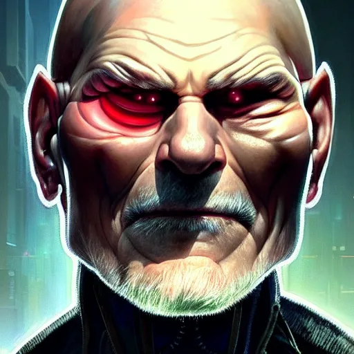 Image similar to portrait painting of a cyberpunk ork doctor muscular patrick stewart with fangs and tusks, ultra realistic, concept art, intricate details, eerie, highly detailed, photorealistic, octane render, 8 k, unreal engine. art by artgerm and greg rutkowski and charlie bowater and magali villeneuve and alphonse mucha