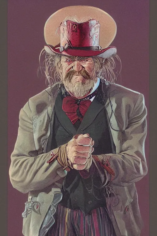 Image similar to vernon. Smug old west circus wrestler. concept art by James Gurney and Mœbius.