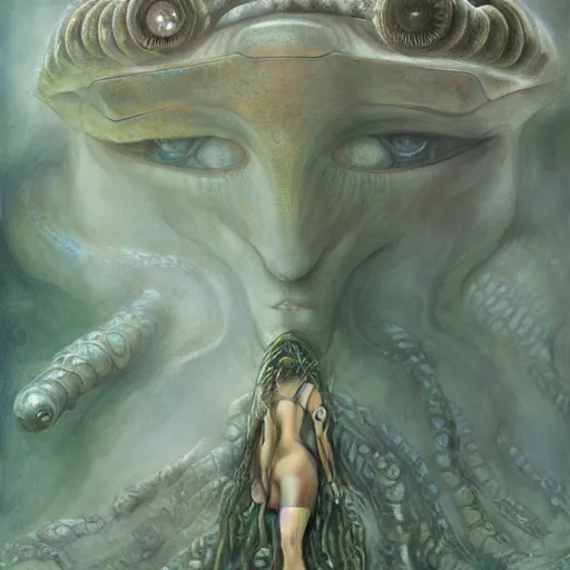 Image similar to vertical eyes, tentacle-enabled underwater human descendant, futuristic painting by jim burns, edward burne-jones, krenz cushart, dagon, hd 8k