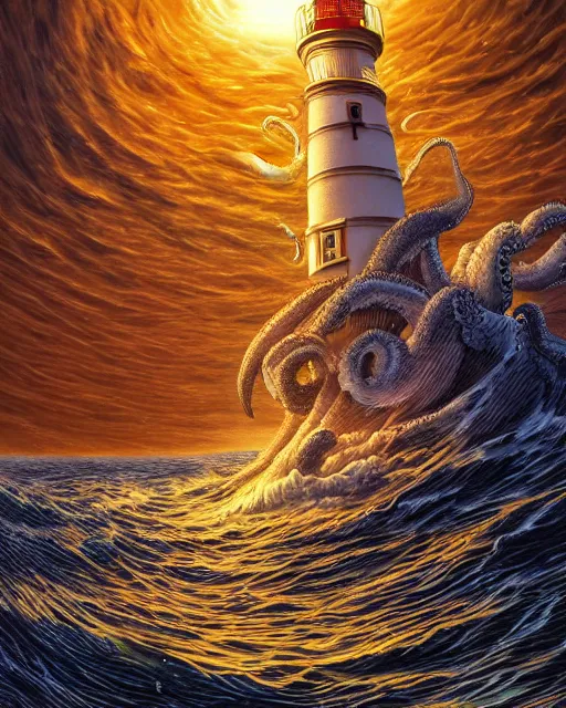 Image similar to a beautiful depiction of an ocean maelstrom, with a giant octopus attacking a lighthouse that is sending out beams of light, digital art detailed matte rendering by dan mumford and m. w kaluta, 8 k resolution