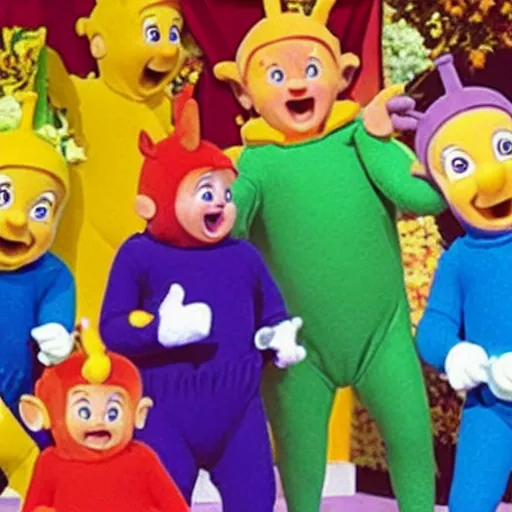 Image similar to happy alexander lukashenko starring in teletubbies