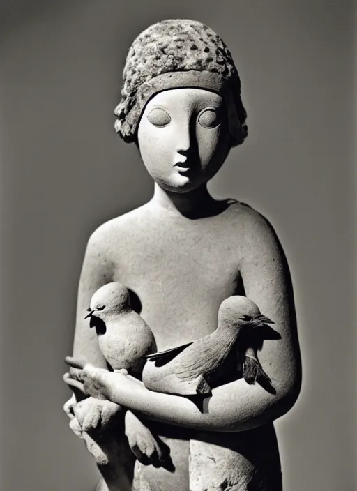 Prompt: realistic photo of a a girl with a pigeons, ancient sculpture doll made of white clay and black brushwood, greyscale grain 1 9 6 0, life magazine photo, natural colors, metropolitan museum, kodak