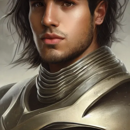 Image similar to a portrait of an attractive young man, clothed in battle armor, olive skin, long dark hair, beautiful bone structure, symmetrical facial features, intricate, elegant, highly detailed, digital painting, trending on Artstation, concept art, smooth, sharp focus, illustration, in the style of artgerm and greg rutkowski and alphonse mucha