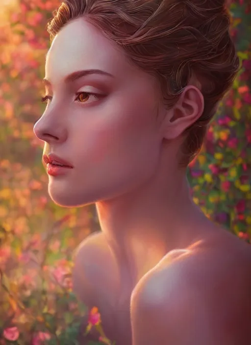 Image similar to stunningly beautiful face, prima ballerina in rose garden, symmetrical face, golden hour, smooth, focus, highly detailed, hyper realistic, dramatic lighting, elegant, intricate, concept art, art by wlop, mars ravelo, greg rutowski, artstation