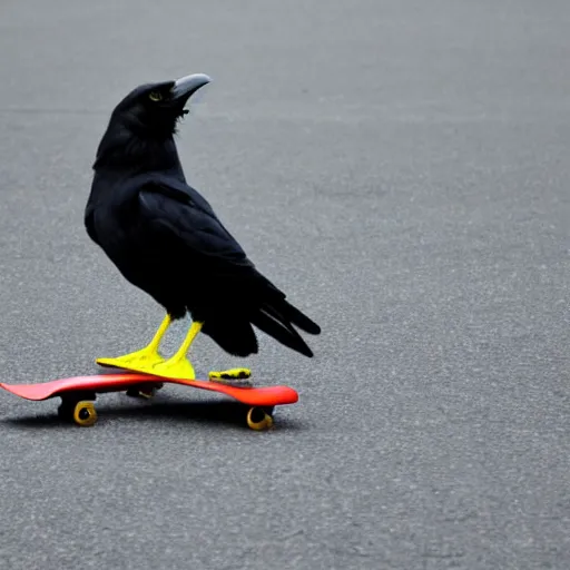 Image similar to a photo of a crow riding a skateboard