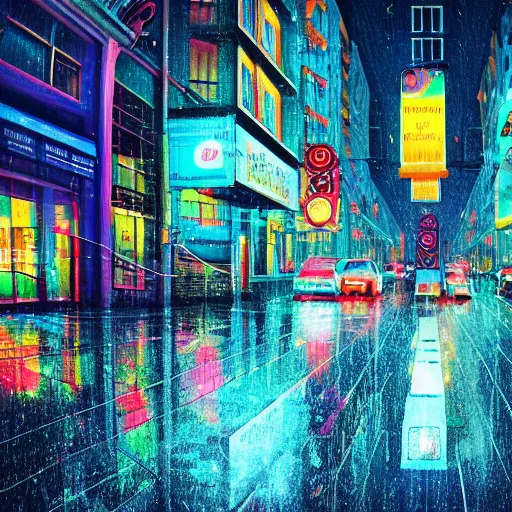 Prompt: Bustling photorealistic!!! rainy neon street in a utopian city illustrated and reimagined by Max Hay, inverted fisheye lens!!!, eyelevel!!! view!!! photography, trending on artstation, 4k, 8k, lens distortion, chromatic aberration, soft focus blur, photorealistic imagery, photorealistic details, intricate, highly detailed, artstation 3d, artstation render, artstation 3d render, 3d art, unreal engine 3d, octane 3d, blender 3d, 3d landscape