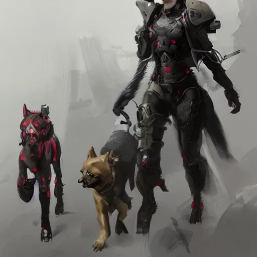 Image similar to 2d character concept art illustration, trending on artstation, by Ruan Jia, of a girl in a cyberpunk suit with three leashed battle dogs