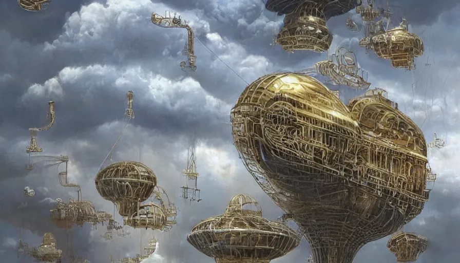 Prompt: an inflated stainless steel chrome gondola in the clouds, people are hanging by steel cables. Oil rigs in the sky. Intricate technical drawing. Mammatus clouds. Ornate, brilliant, utopian, detailed, Golden ratio, solarpunk technology by Lebbeus Woods and Craig Mullins