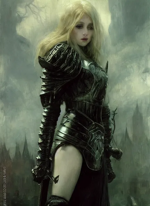 Image similar to young blonde vampire girl with long fangs wearing black medieval armour, by gaston bussiere, bayard wu, greg rutkowski, giger, maxim verehin, greg rutkowski, masterpiece, sharp focus, cinematic lightning