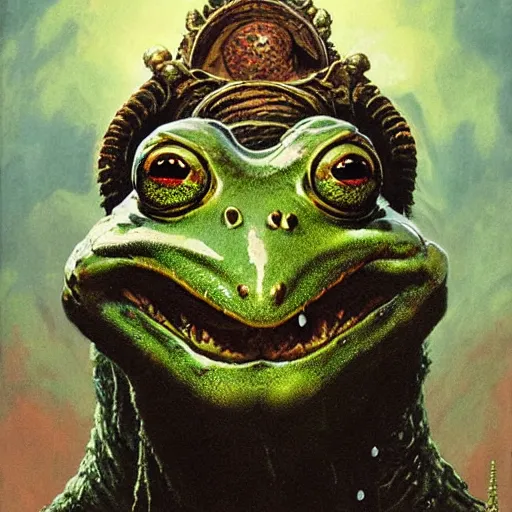 Image similar to head and shoulders portrait of a slaad anthropomorphic frog monster, d & d, fantasy, greg rutkowski, frank frazetta, alexandre chaudret, boris vallejo, michael whelan, miro petrov, hr giger, magali villeneuve, donato giancola