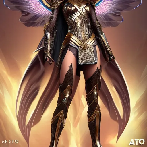 Image similar to full body center frame digital art. hero pose of gal gadot as a dark seraphim angelic warrior wearing a futuristic, intricate, body sculpted cosmic armor and flowey ornate robes highly detailed 8 k hdr award - winning trending on artstation ann _ sto.