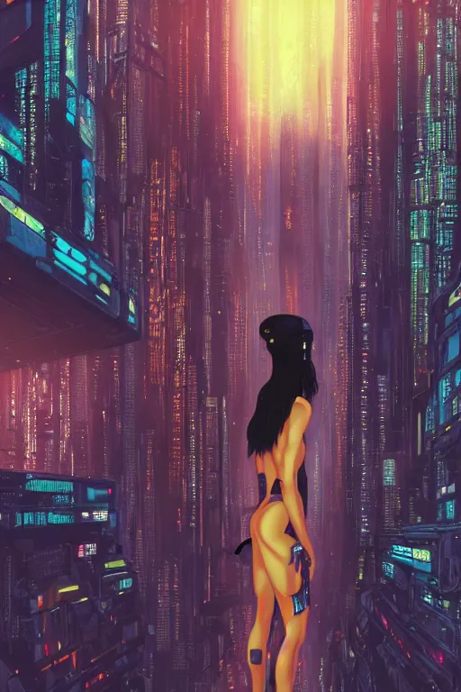 Image similar to a beautiful young black woman, cyberpunk, blade runner city background, anime, highly detailed, artstation, illustration, art by gustav klimt