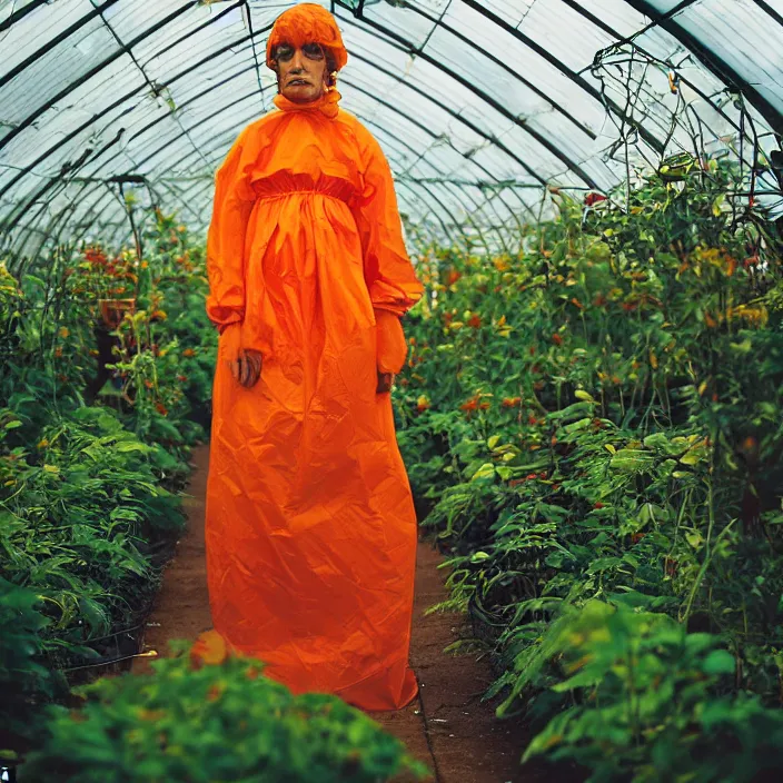 Prompt: closeup portrait of a woman wrapped in orange cellophane, standing in an overgrown greenhouse, color photograph, by paula rego, canon eos c 3 0 0, ƒ 1. 8, 3 5 mm, 8 k, medium - format print