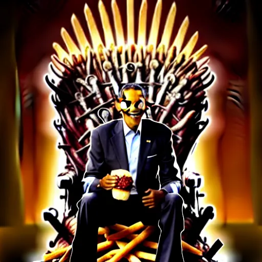 Image similar to barrack obama eating a cheese burger sitting on the iron throne, highly detailed, perfect lighting, perfect composition, 8 k, artgerm, derek zabrocki, greg rutkowski