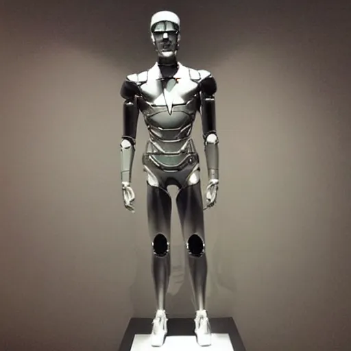 Prompt: “a realistic detailed photo of a guy who is an attractive humanoid who is half robot and half humanoid, who is a male android, actor Grant Gustin, shiny skin, posing like a statue, blank stare, at the museum, on display”