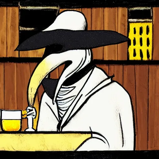 Image similar to plague doctor sitting at a bar with his drink empty, award winning photograph