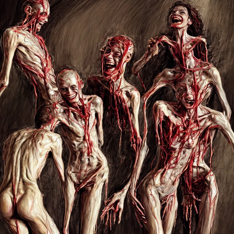 Prompt: bright realistic anorexic cult turning into gods and deamons and smiling franticly, old apartment, rotten flesh, diffuse lighting, fantasy, intricate, elegant, highly detailed, lifelike, photorealistic, digital painting, artstation, illustration, concept art, smooth, sharp focus, art by francis bacon and jenny saville