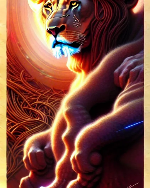 Prompt: a lion tarot card, fantasy character portrait made of fractals, ultra realistic, wide angle, intricate details, the fifth element artifacts, highly detailed by peter mohrbacher, hajime sorayama, wayne barlowe, boris vallejo, aaron horkey, gaston bussiere, craig mullins