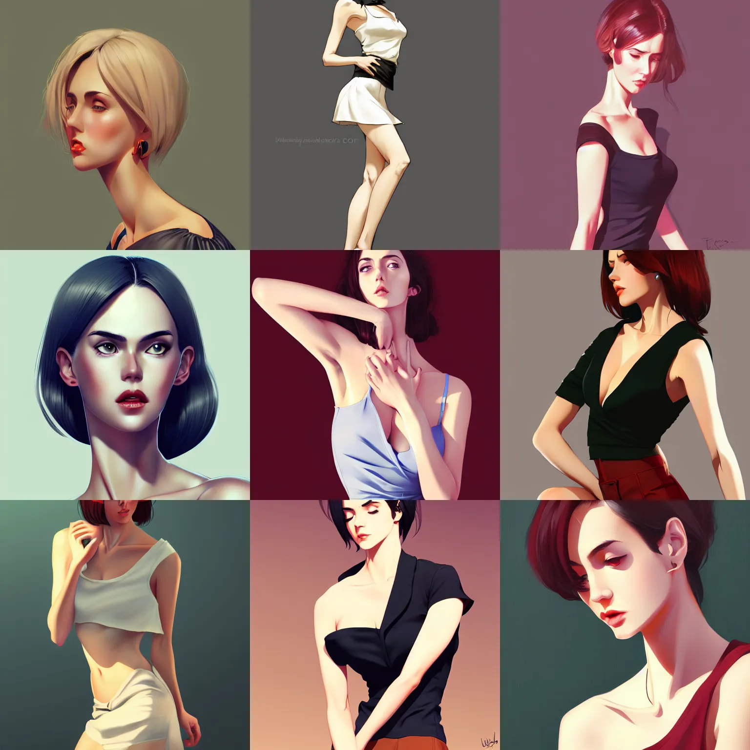 Prompt: sexy girl in a low cut blouse and short skirt, seductive pose, side-view. highly detailed, digital painting, concept art, in the style of ilya kuvshinov, high definition digital art