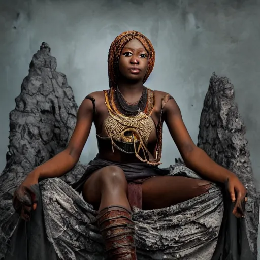 Prompt: Photograph of Young female Nigerian Elden Lord, sitting on a throne of ash, surrounded by the corpses of Elden Ring bosses, 4K, Highly detailed,