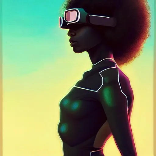 Image similar to Beautiful woman wearing opaque reflective goggles profile picture by Greg Rutkowski, brown skin, long afro hair, asymmetrical, futuristic, cool colors, streetwear, studio ghibli, Organic Painting , Matte Painting, geometric shapes, hard edges, street art, trending on the artstation, fantasy LUT, realistic by Sachin Teng + Martin Grip + Moebius, techwear, Industrial Scifi, detailed illustration, character portrait,