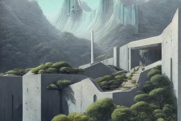 Image similar to Brutalist Shiro overlooking a valley, Himeji Rivendell overlooks the Garden of Eden, terraced orchards and ponds, amazing concept painting, by Jessica Rossier by HR giger by Beksinski