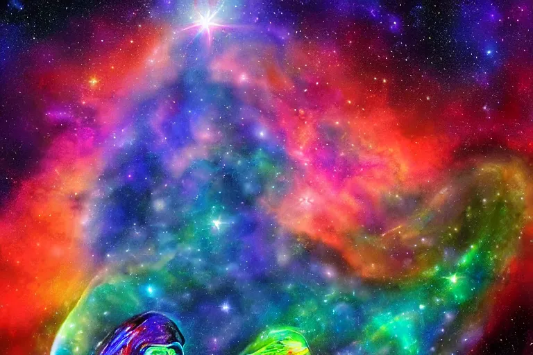 Prompt: a cosmic humpback whale swimming through a colorful space nebula with a black hole, event horizon, digital art, photorealistic