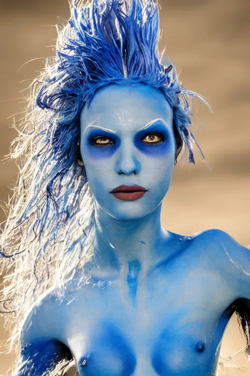 Image similar to a young italian woman dressed as a blue-skinned triton from DND standing on a beach, blue body paint, high resolution film still, 8k, HDR colors, cosplay, outdoor lighting, high resolution photograph, photo by bruce weber, beautiful symmetric face