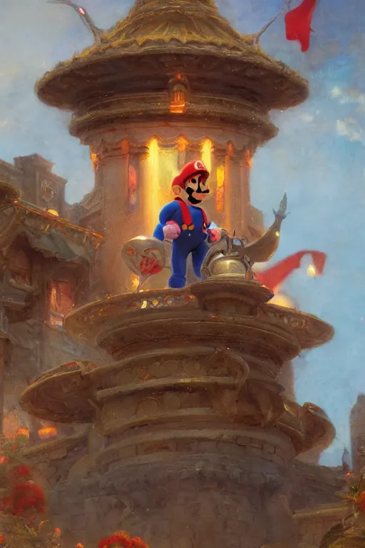 Prompt: a portrait of super mario in front of peach's castle, by gaston bussiere, by mandy jurgens and bayard wu and greg rutkowski, cinematic lightning