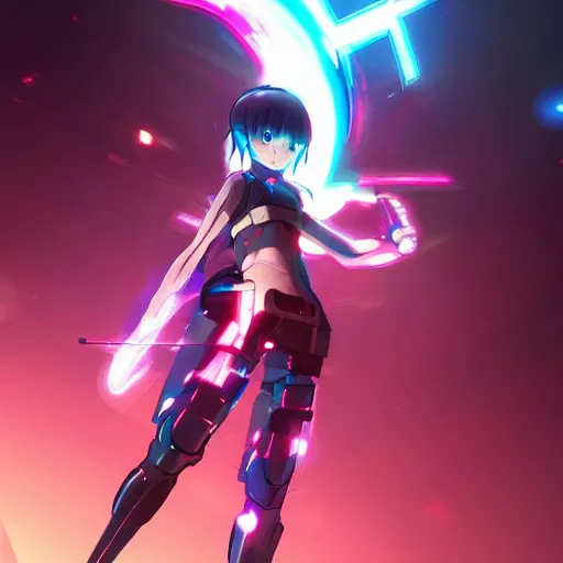 Image similar to anime cyberpunk movie still arcane, small female android cyborg - angel, glowing red left eye and glowing blue right eye, cinematic lighting, advanced digital cyberpunk art in the style of pokemon, wlop, rossdraws sakimimichan, ilya kuvshinov, krenz cushart, greg rutkowski - c 1 5