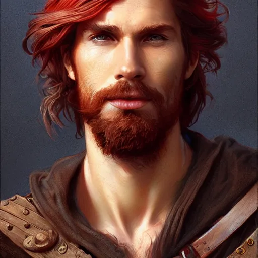 Image similar to portrait of a young ruggedly handsome but optimistic pirate, male, masculine, upper body, red hair, long hair, d & d, fantasy, intricate, elegant, highly detailed, digital painting, artstation, concept art, matte, sharp focus, illustration, art by artgerm and greg rutkowski and alphonse mucha