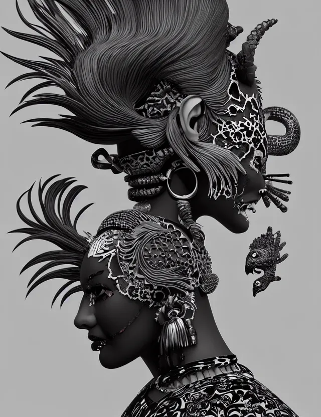 Image similar to 3 d goddess close - up profile portrait punk with mohawk with ram skull. beautiful intricately detailed japanese crow kitsune mask and clasical japanese kimono. betta fish, jellyfish phoenix, bio luminescent, plasma, ice, water, wind, creature, artwork by tooth wu and wlop and beeple and greg rutkowski