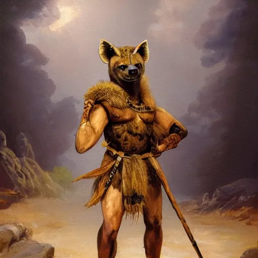 Image similar to A very detailed oil painting of an anthropomorphic hyena dressed like a Hoplite, Ancient Greece, backlit, very beautiful painting