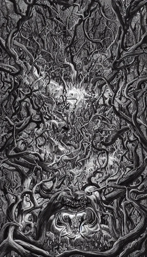 Image similar to a storm vortex made of many demonic eyes and teeth over a forest, by james jean,