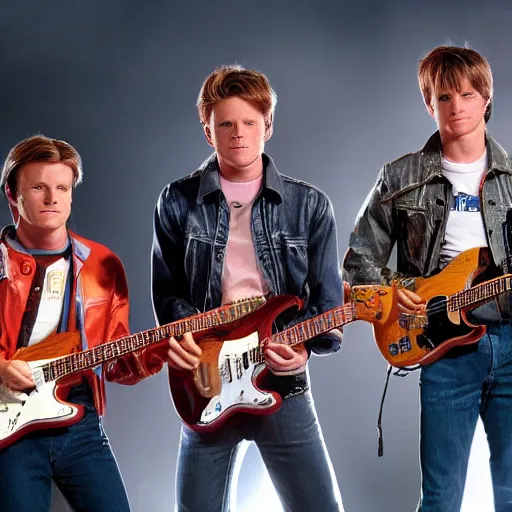 Image similar to marty mcfly as a member of british band mcfly, highly detailed, photorealistic, high - res photography, concert photos