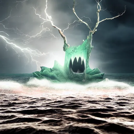 Image similar to nightmare monster emerging from sea surface, but monster is dendritic, thunderstorm in background, ultra realistic, raytracing, color