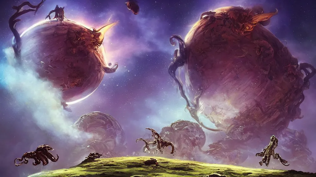 Image similar to Astronauts have a treasure with them, they are riding some wild creatures to escape from the giant Cthulhu that is behind hunting him, they are running over the ring of the gas planet, this is an extravagant planet with wacky wildlife and some mythical animals, the background is full of nebulas and planets, the ambient is vivid and colorful with a terrifying atmosphere, by Jordan Grimmer digital art, trending on Artstation,