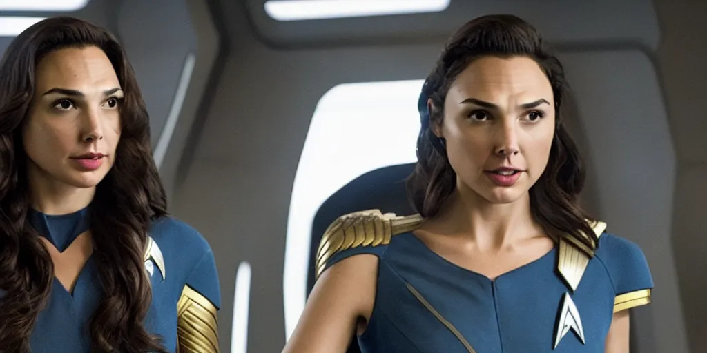 Image similar to Gal Gadot, in full starfleet uniform, is the captain of the starship Enterprise in the new Star Trek movie