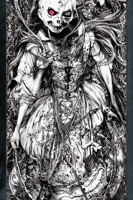 Prompt: Undead Alice in wonderland tarot card , pen and ink, intricate line drawings, by Yoshitaka Amano, Ruan Jia, Kentaro Miura, Artgerm, watercolor